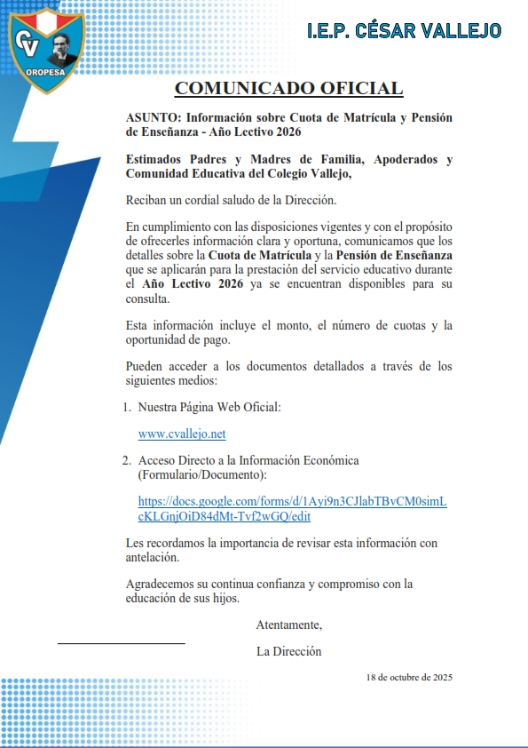 Condiciones Económicas 2026 - Comunicados IEP César Vallejo